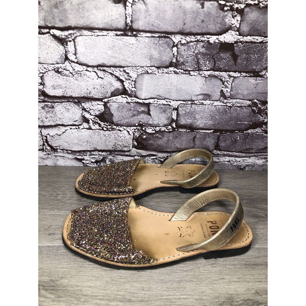 Pons Glitter Leather Casual Peep Toe Slingback Flats Sandals Women Sz 8m Us/39eu